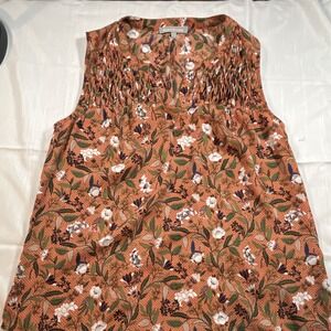 Daniel Rainn Orange Floral Pleated Sleeveless V-Neck Tunic Blouse M